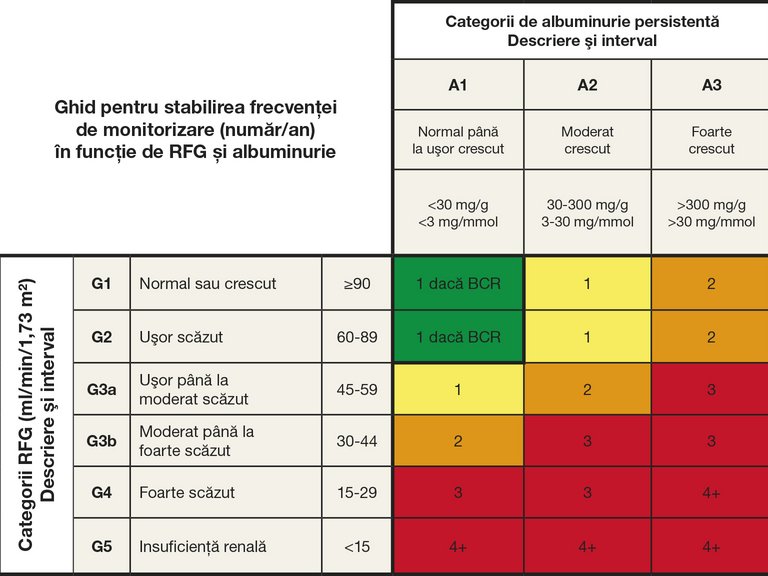 Tabel cu RFG și albuminuria pentru a reflecta riscul de progresie, după intensitatea de culoare